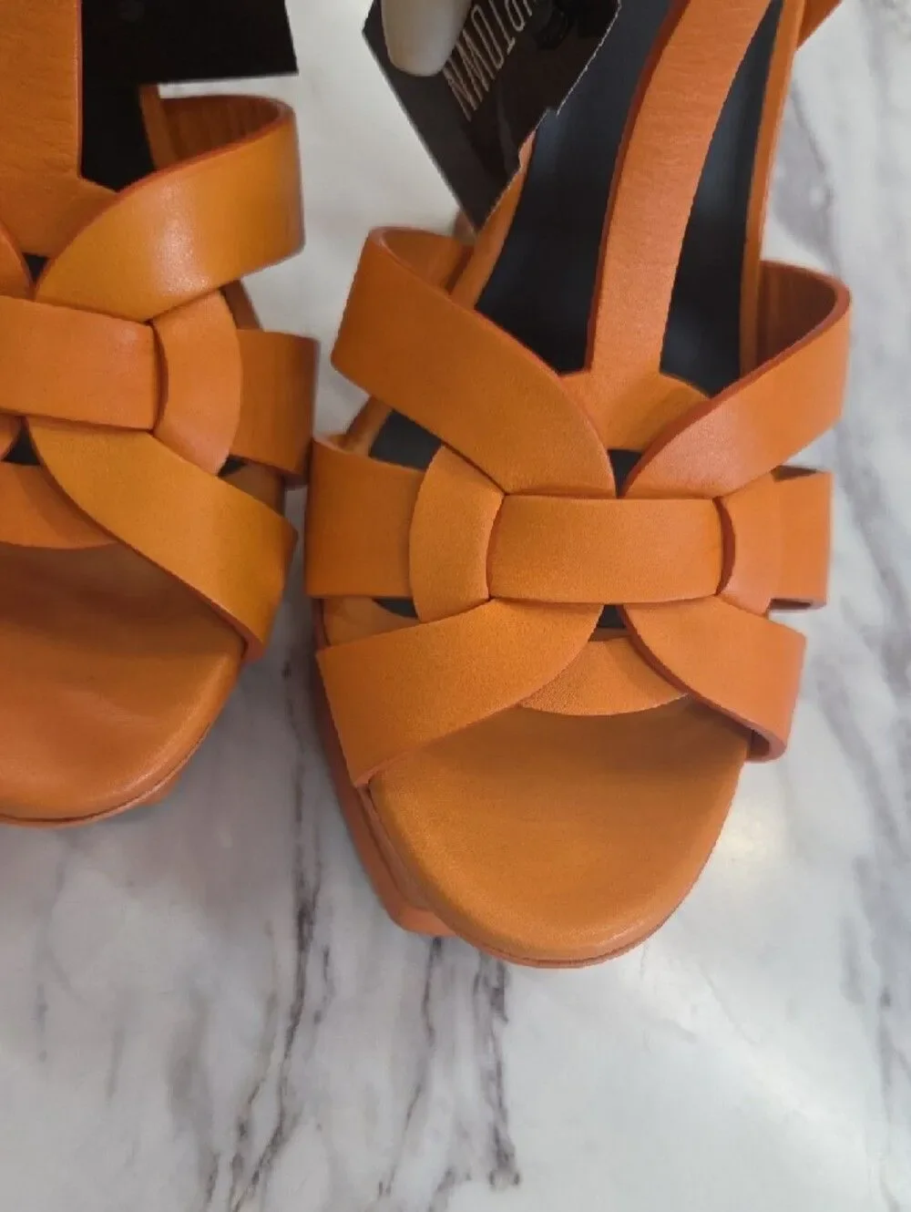 Yves Saint Laurent Orange Platform T-Strap Stiletto Sandals